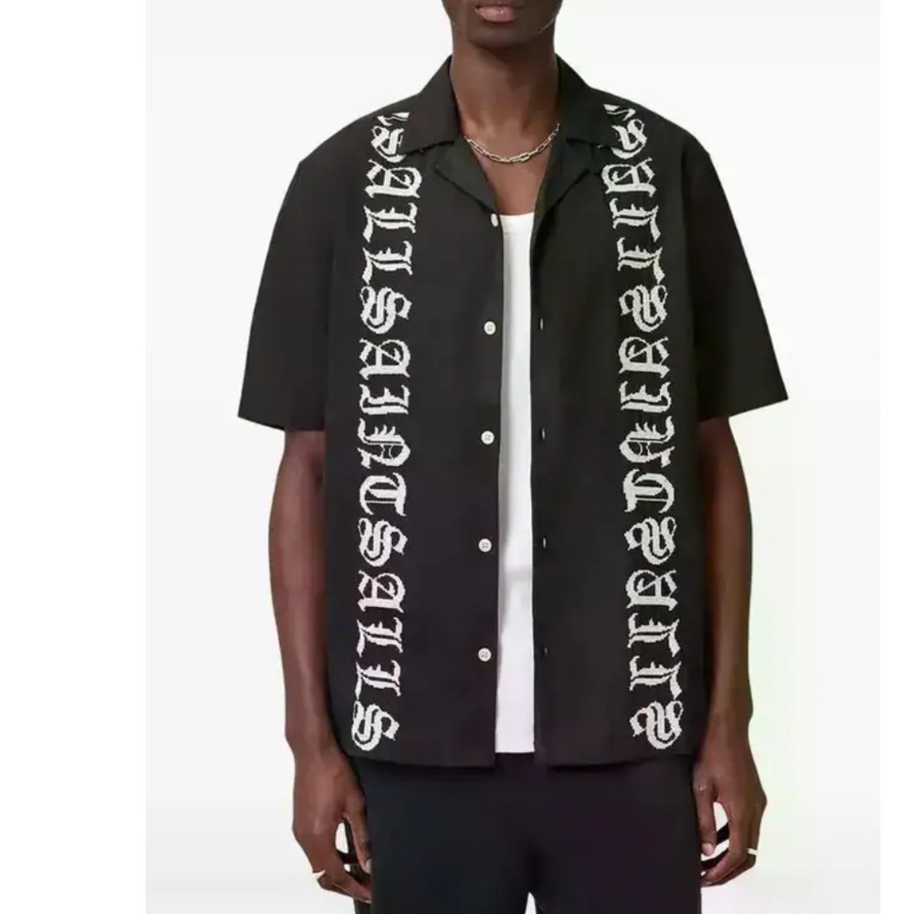ALLSAINTS
Script Embroidery Short-Sleeve Shirt Black Button-Up White Gothic XXL